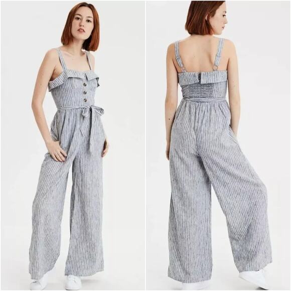 American Eagle Womens Striped Wide Leg Jumpsuit Size 2 Tie Waist Cotton Nautical - Picture 1 of 13